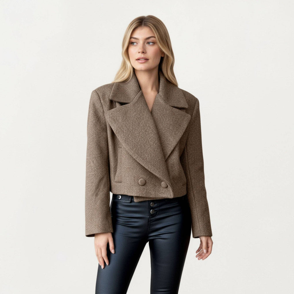 Cropped Double-Breasted Jacket with Oversized Lapel Collar