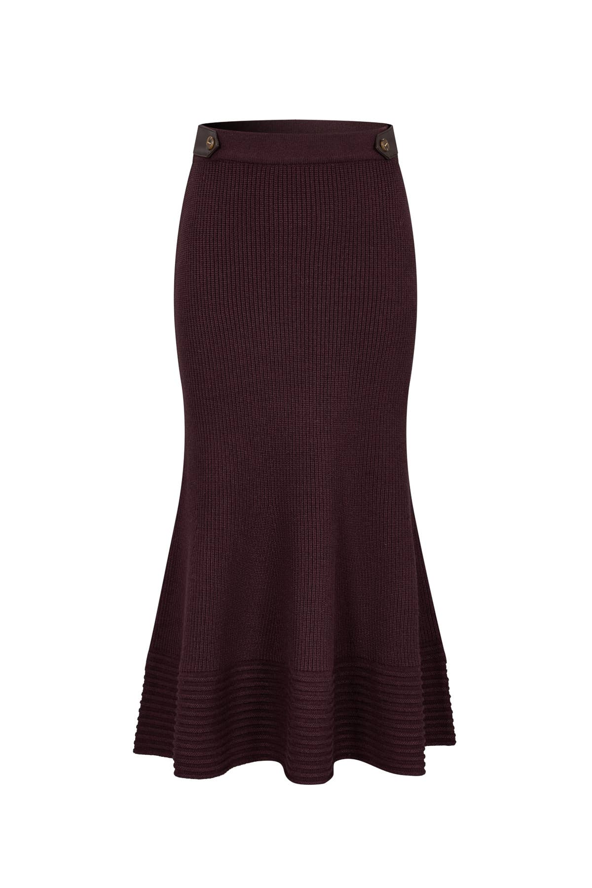 Faux Leather Trimmed Ribbed Midi Skirt